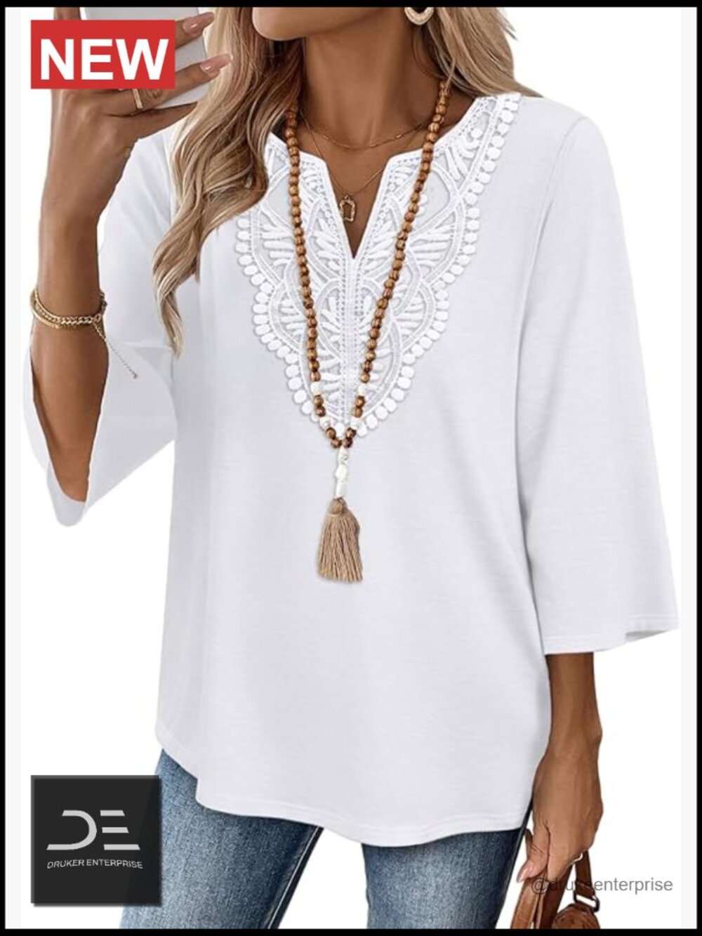 V-Neck Lace Tunic Top with 3/4 Sleeves - Polyester Spandex Blend